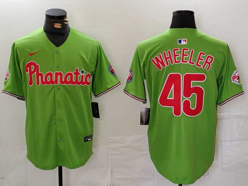 Mens Philadelphia Phillies #45 Zack Wheeler Green With Patch Stitched Cool Base Nike Jersey->philadelphia phillies->MLB Jersey
